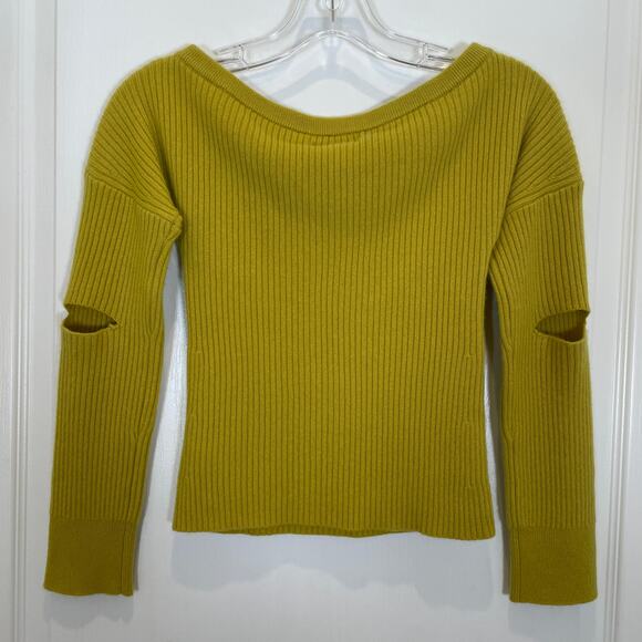Anthropologie Off the Shoulder Cashmere Sweater Ribbed Slit Elbow Chartreuse S - Picture 6 of 6